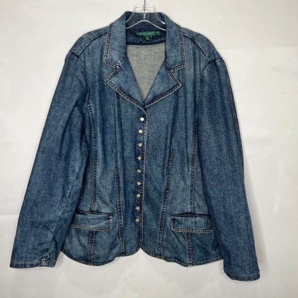 (SOLD)Lauren Ralph Jacket sz 3X Blue Denim Jean Pearl Button Front Pockets - Picture 1 of 8